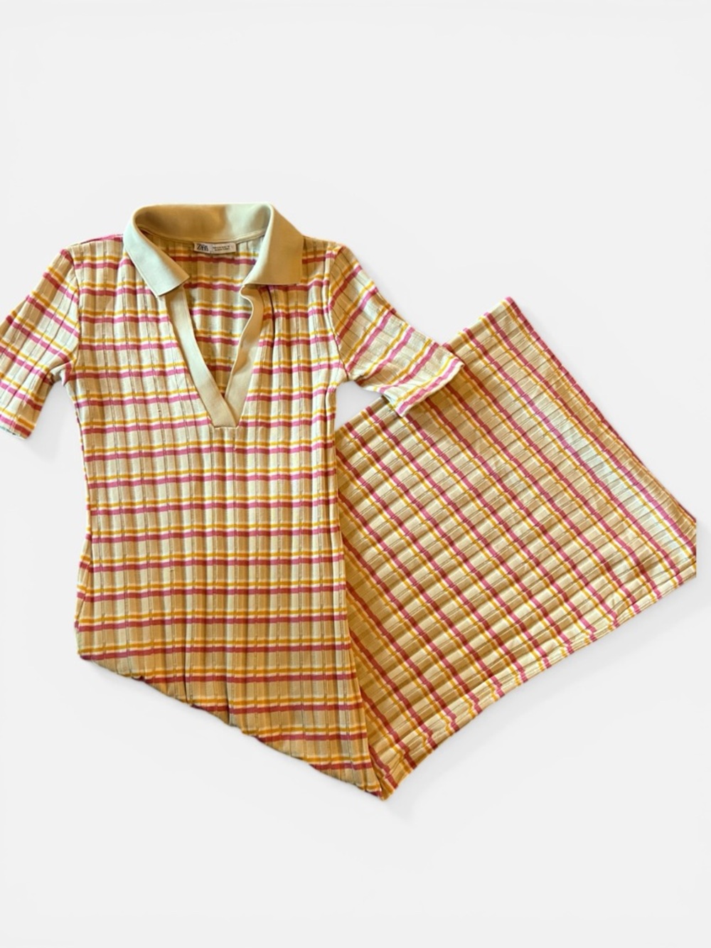 SOLD - Zara Ribbed Knit Striped Midi Dress Polo Collar Yellow Pink Size Small - Picture 3 of 8